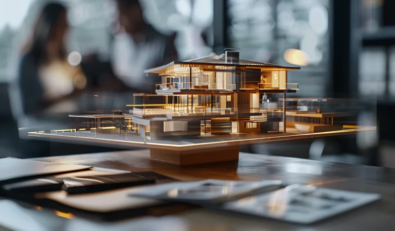 detailed-architectural-model-modern-house-sits-illuminated-desk-office