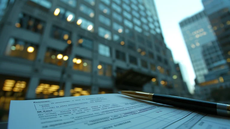 pen-paper-front-blurred-skyscraper-background